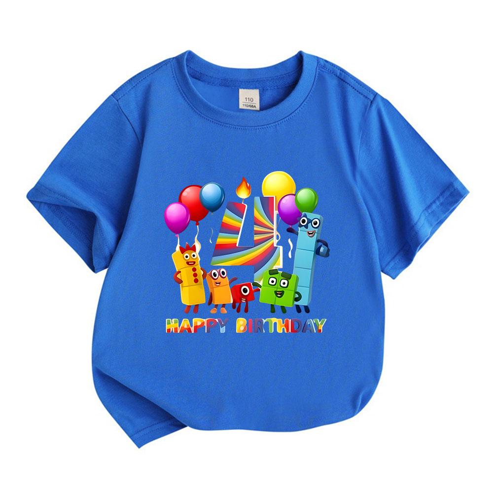 Kids Boys Girls 100% Cotton Crew Neck Short Sleeve T-Shirt Happy 4th Birthday Colorful Number Blocks Cartoon Print Casual Soft Breathable Party Tee To