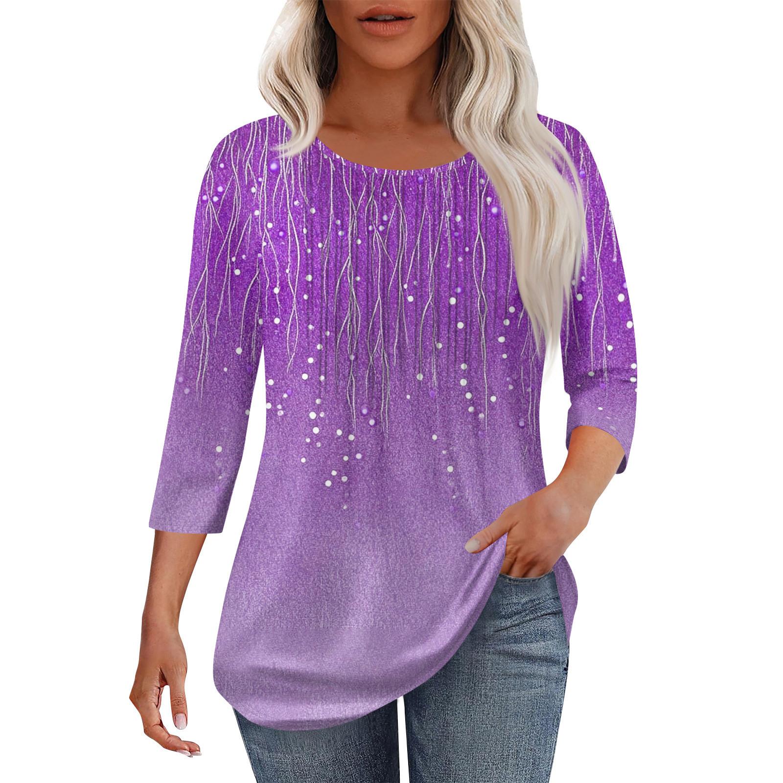 

Жіноча модна повсякденна плісована футболка з круглим вирізом і сімома чвертями рукавів XXL фіолетовий