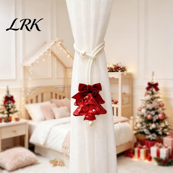 Festive Christmas Tree Ornaments Sequined Curtain Tieback, Sparkling Holder with Bedroom Window Treatment Hardware Bow, Decorative Drapery Holdback