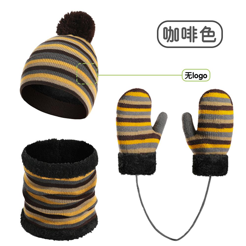 

Авторизация бренда, детские осенне-зимние шапки, шарфы, перчатки, набор из трех предметов, полосатый теплый шерстяной набор темно-коричневого