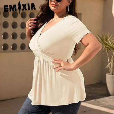 Frühling Sommer Damen Übergröße T-Shirt V-Ausschnitt Oberteil für Damen