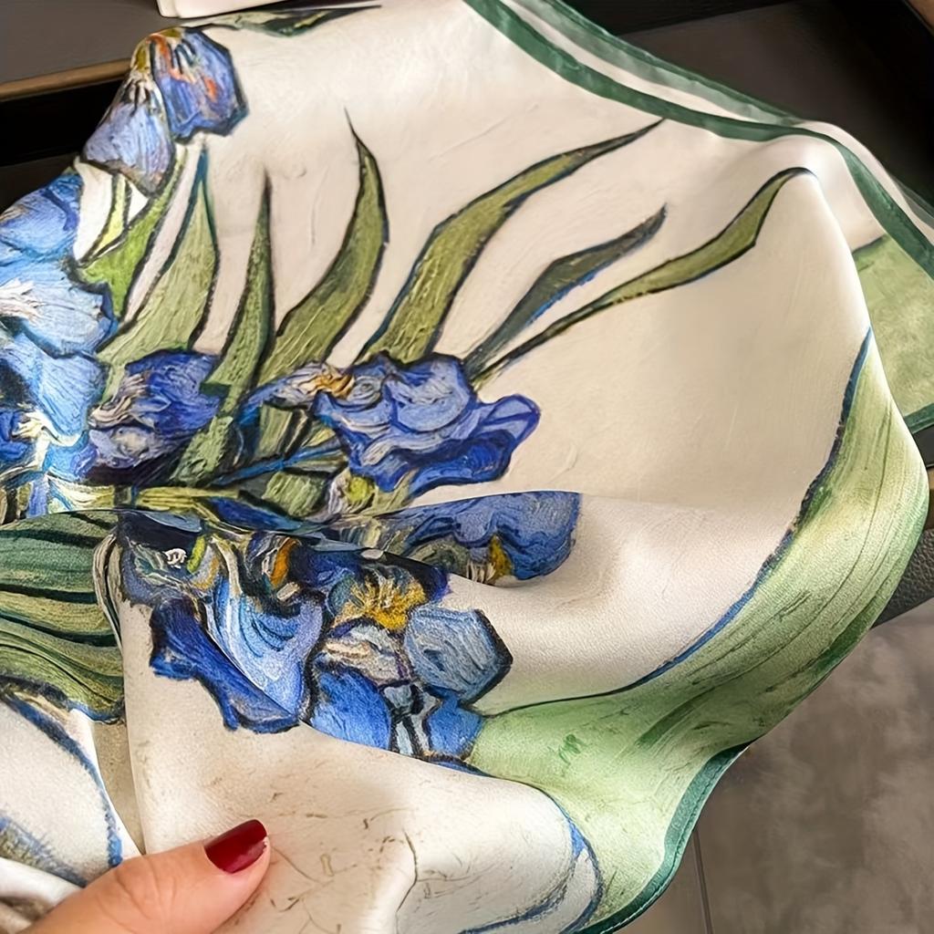27.55" Oil Painting Flower Printed Square Scarf Elegant Thin Smooth Neck Scarf Literary Decorative Silky Headband For Women