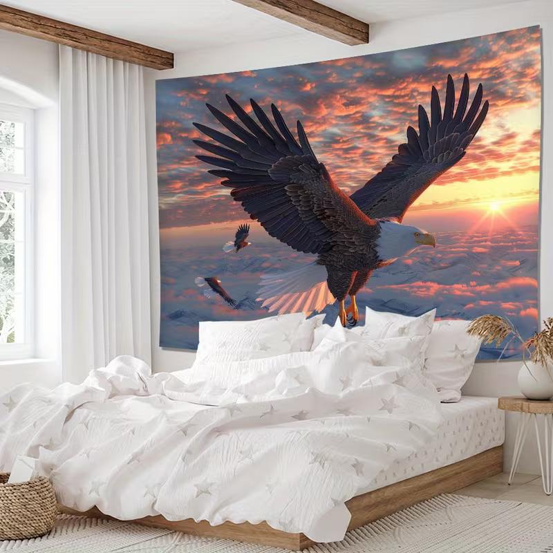 2D Majestic Bald Eagle Tapestry, Sunrise Sky & Mountains Wall Art for Home Decor