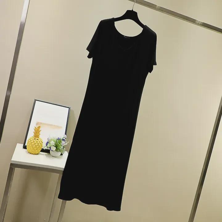 Loose V-Neck Short-Sleeve Modal Nightdress for Plus-Size Women - Spring/Summer Long Slit Skirt Style