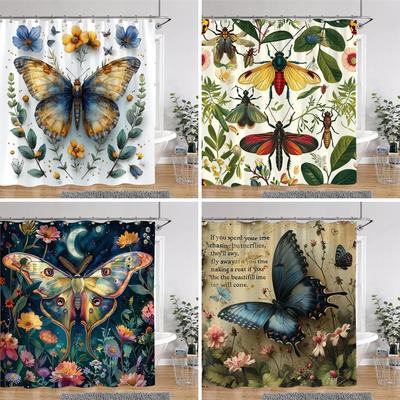 Rideau de douche papillon vintage bohème floral botanique insectes astrologiques tissu polyester rideaux de douche décoration de salle de bain