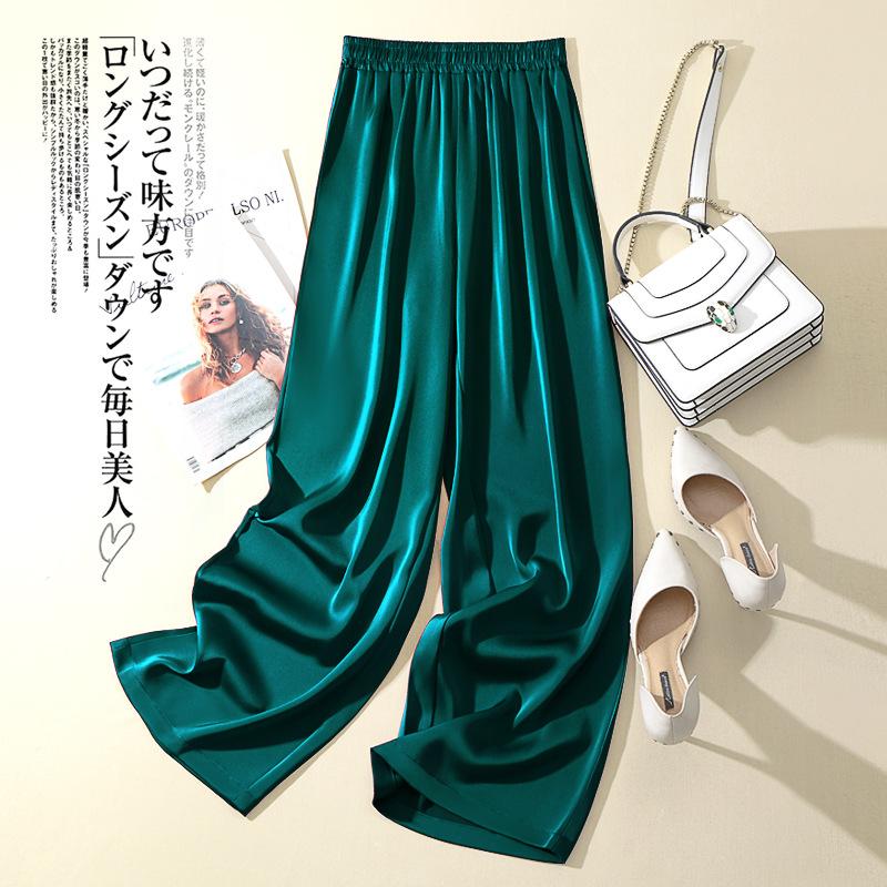 Pantaloni Larghi in Seta di Ghiaccio Donna Estate Vita Elastica Pantaloni Dritti in Raso Monocolore Casual Larghi Pantaloni da Donna in Acetato