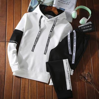 Mens Spring Hooded Sweatshirt+Sweatpants 2 Pcs Sets Black White Top or Pants Casual Jogging Clothing