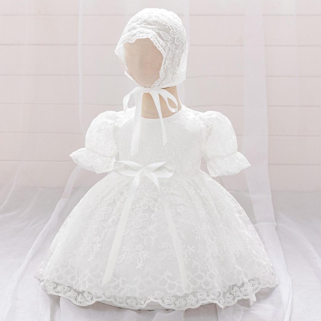 European & American Baby Lace Christening Dress with Puffy Skirt & Hat