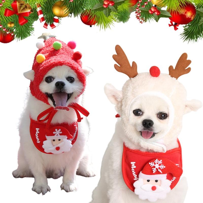 Festive Dog Cat Xmas Hat Bib Set – Red/green/white Polyester