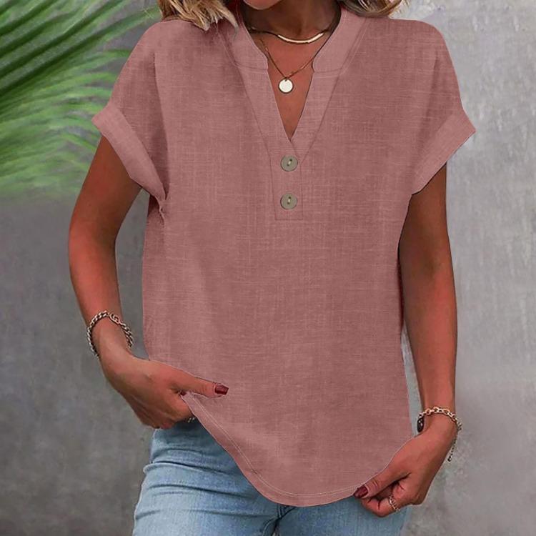 Women Casual V Neck Short Sleeve Button Down Shirt Solid Color T Shirt Top Fashion