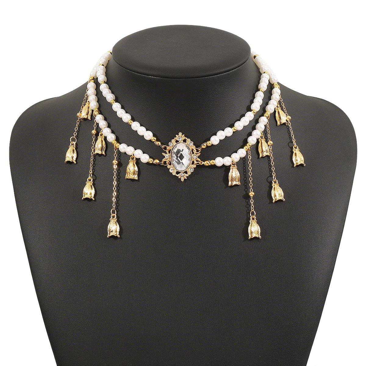 

Exotic double-layer pearl with diamond fringed pendant necklace elegant antique Hanfu cheongsam accessories women