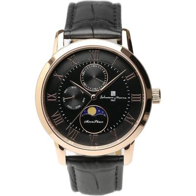 Salvatore Mara Wristwatch Moon Phase Multi-calendar 5 ATM Water Resistant Business Formal Mens Leather Strap Limited Model Black Pink Gold