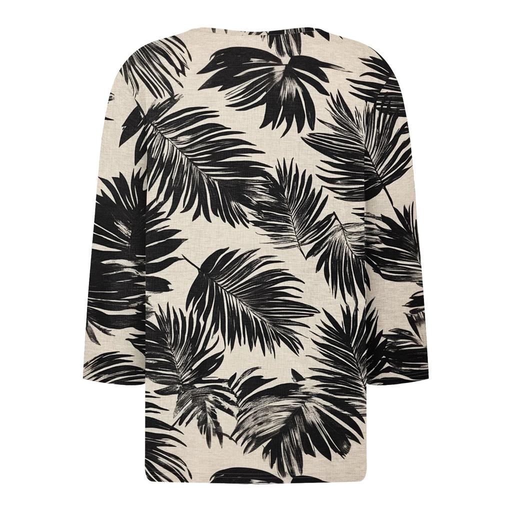 Damska koszulka z nadrukiem na guziki, rękaw 3/4, codzienna, weekendowa, modna, podstawowa, dekolt w serek, regularny top