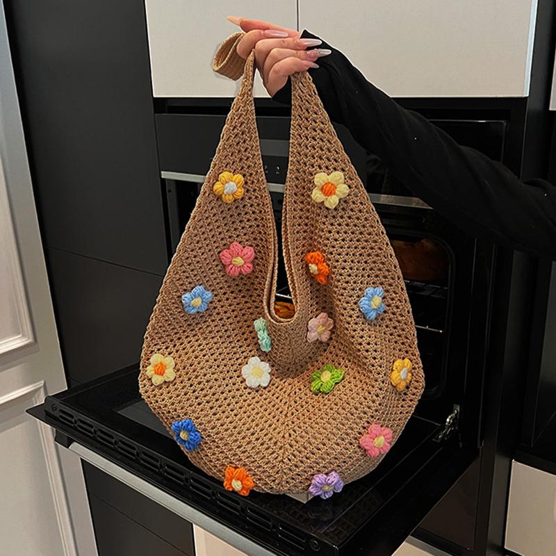 Yogodlns Summer Commuting Woven Bag for Women Single Armpit Bag, Fashion Large Capacity Tote Bag, Beach Floral Hollow Handbag Shoulder Bag