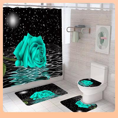 3D Digital Printing Rose Bathroom Shower Curtain, Three-Piece Four-Piece Set