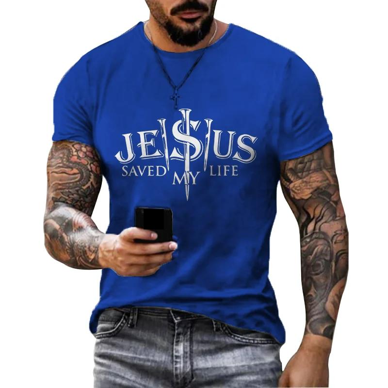 Retro Fashion Gray T-shirt Jesus Letter 3D Printed Short Sleeved Polyester Casual Men's Clothing Trendy Summer Tops Tees