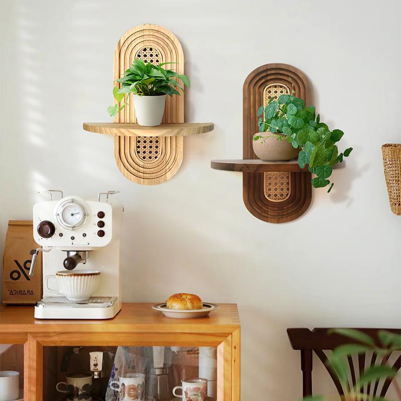 1PC Solid Sturdy Shelf Natural Wood Bohemian Wall Minimalist Rattan Weave Space-Saving Mounted Multi-Purpose