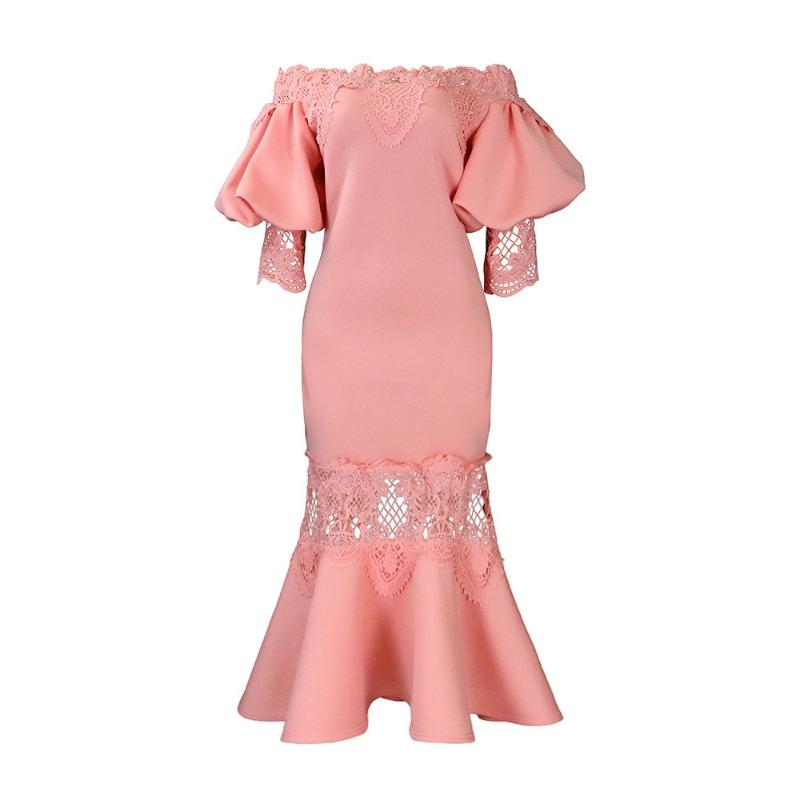 Women's fashion temperament lace off-the-shoulder fishtail party sexy party dress dress