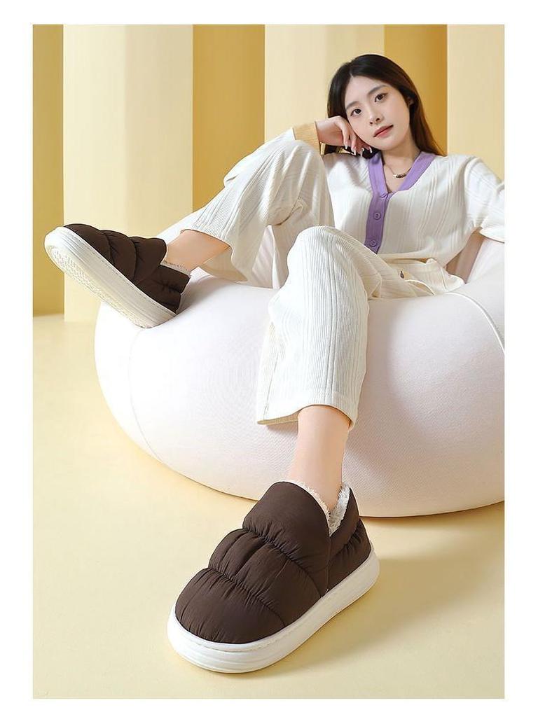 Men's and Women's Winter Waterproof Cotton Slippers - Silent, Plush, Warm, Thick Sole, Closed Heel, Deodorant Down Cloth