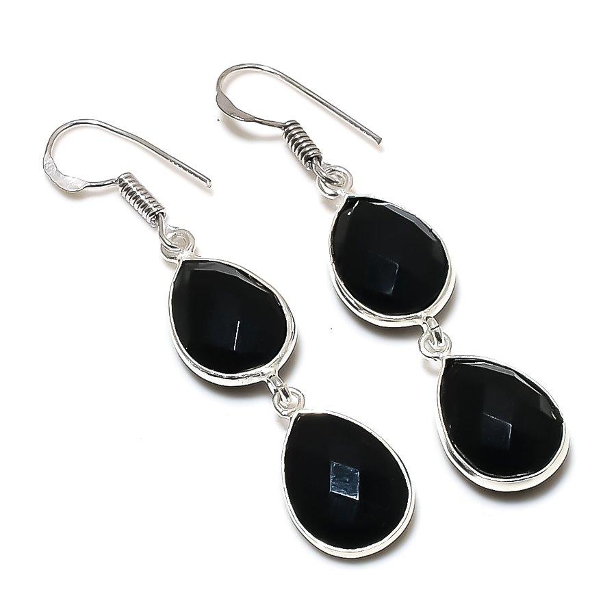 Black Spinel Gemstone Handmade 925 Sterling Silver Jewelry Earring 2.13" GK-6254