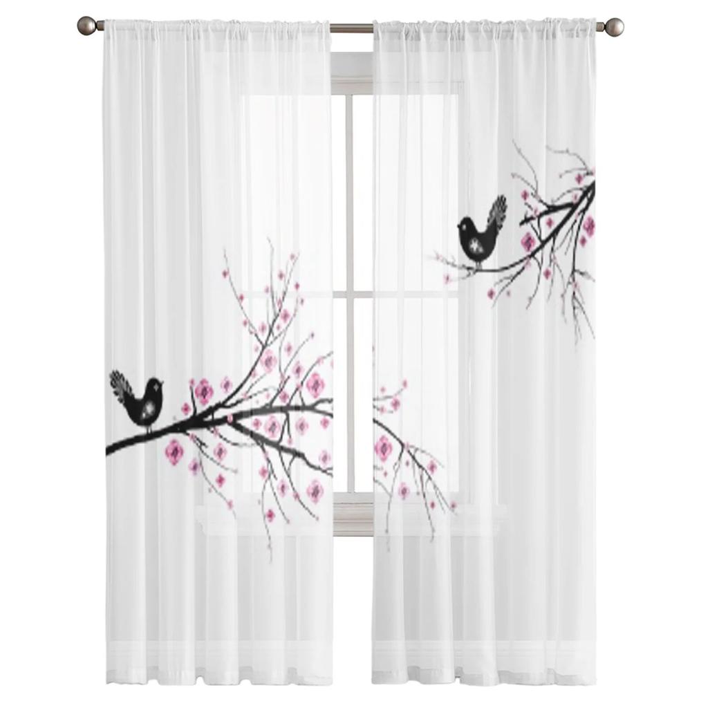 Beautiful Blossom Cherry And Birds Tulle Curtain For Living Room Sheer Valance Curtain For Kitchen Bedroom Window Drapes