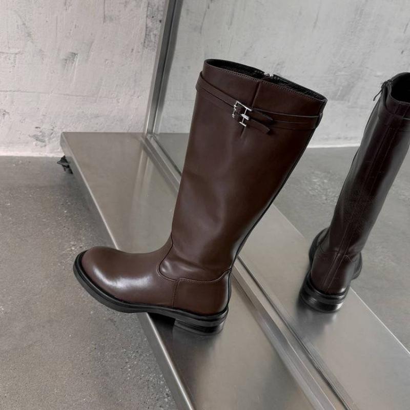 Autumn and winter women's leather boots leather side zipper large size women's boots cowhide Martin boots new mid-heel platform high boots