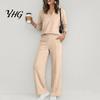 Wide Leg Trousers Women Sweatshirt Pants 2-Piece Set, V-Neck Long Sleeve Top & Fabric Fitness Clothing with Elastic Waist, Solid Color Matching Lounge
