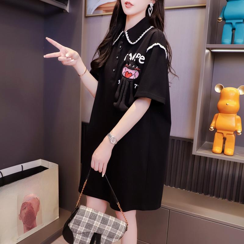 

Большие размеры женская летняя блузка с коротким рукавом в стиле колледжа с воротником-поло и эффектом похудения 3XL чёрный