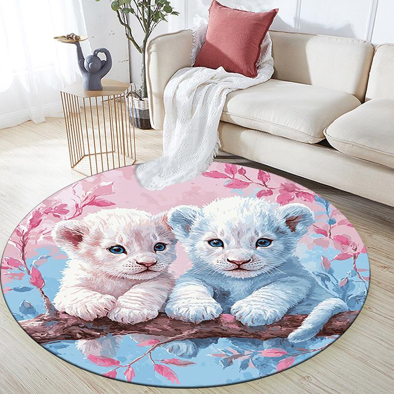 Lion Cubs Round Area Rug,Carpet Rug for Living Room Bedroom Sofa Playroom Decor,Non-slip Floor Mat