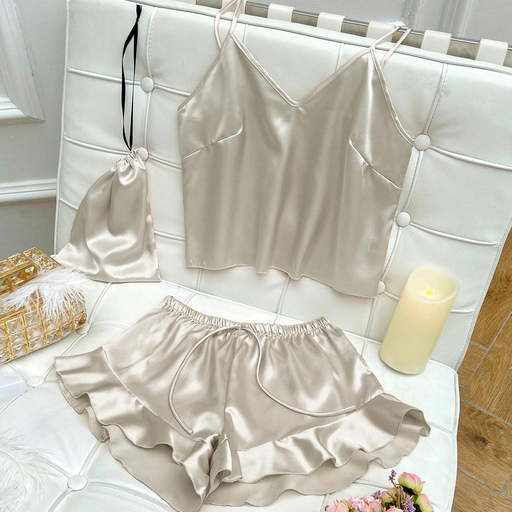 Female Sleepwear Pajamas Three-Piece Set Spring Summer Kimono Bathrobe Strap Top&Shorts Pijamas Suit Sexy Loose Satin Home Wear