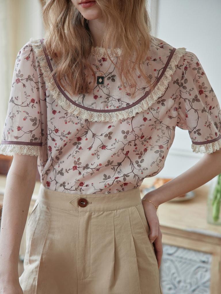 Simpeulleteulo Marie Printed Brown Lace Blouse