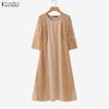 ZANZEA Women Casual Round Neck 3/4 Sleeve Casual Lace Patchwork Dress