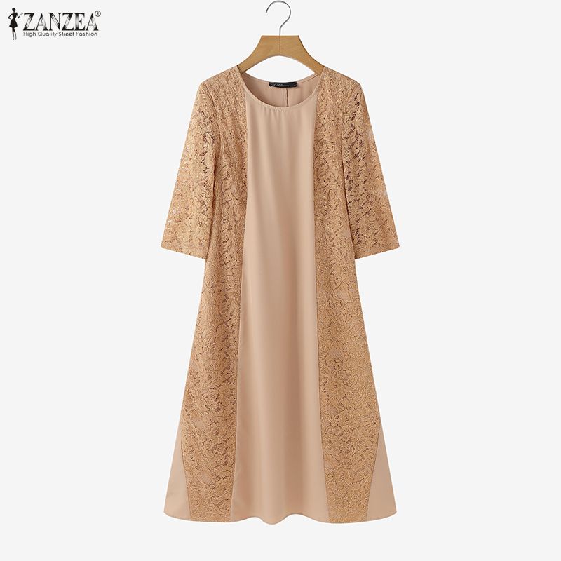 ZANZEA Women Casual Round Neck 3/4 Sleeve Casual Lace Patchwork Dress