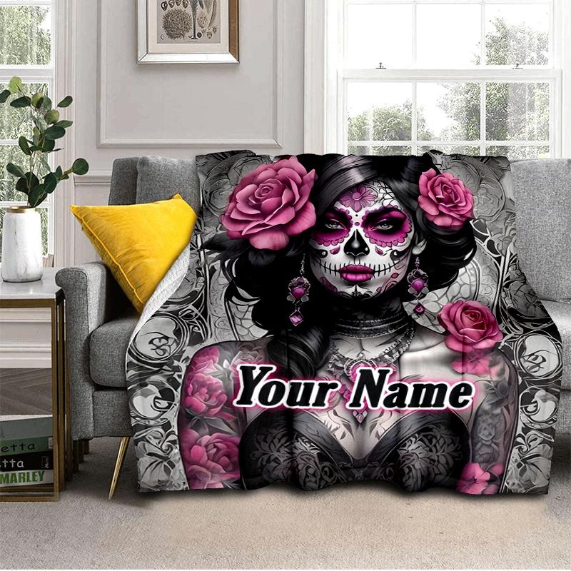 1PC Custom Name Day Dead Art outdooor Flannel blankets Throw Blanket All-Season Throw Gift Bedspread for Couch, Bed, Camping Holiday Birthday gift