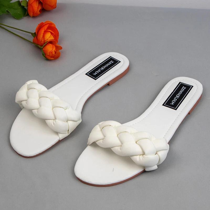 Fashion New Designer Fashion Summer Sandals Women Flat Bottom Ladies PU Leather Slides Weave Slip on Sandal Woman Outside Beach Shoes