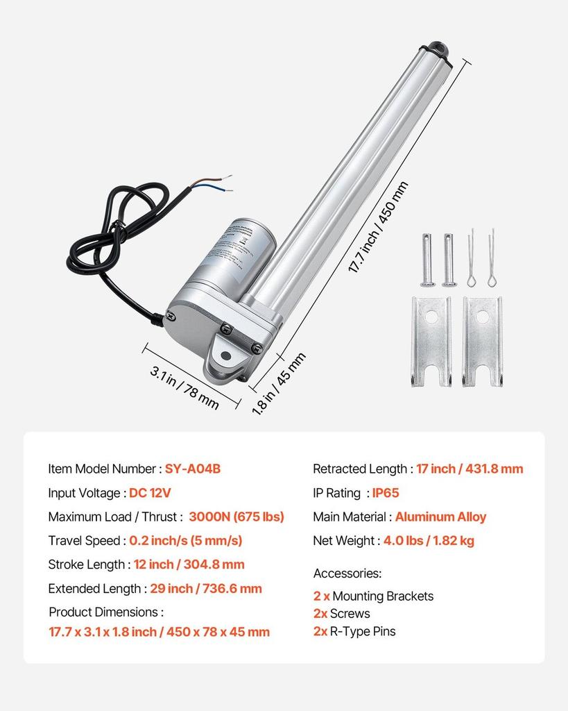 12V Linearantrieb, 304,8 mm Hub, IP65 Wasserdichter Linearantrieb, 3000 N, 5 mm/s Bewegungsaktuatoren mit Montagehalterung für Solarnachführsysteme, Industrie