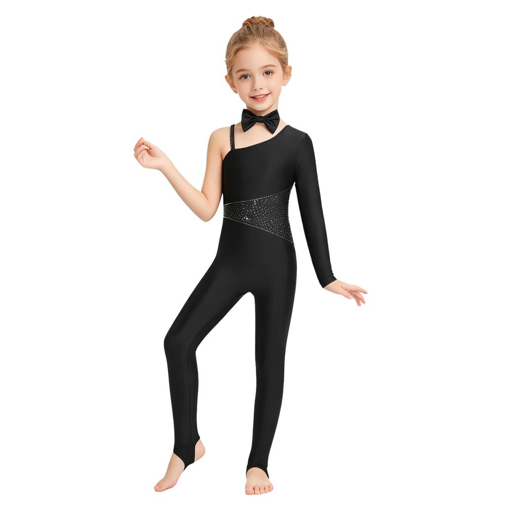 Girls Cat Cosplay Leotard Jumpsuit Sparkly Rhinestones Asymmetrical Sleeves with Tail Long Pants and Bowtie for Halloween Costume Party