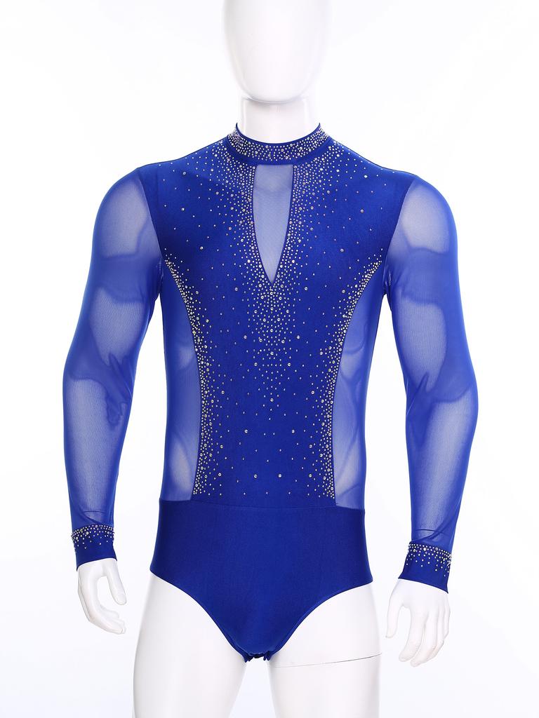 Mens Acrobatics Gymnastics Jumpsuit Tango Rumba Chacha Latin Dance Bodysuit Shirt Tops Male Long Sleeve Figure Skating Leotard
