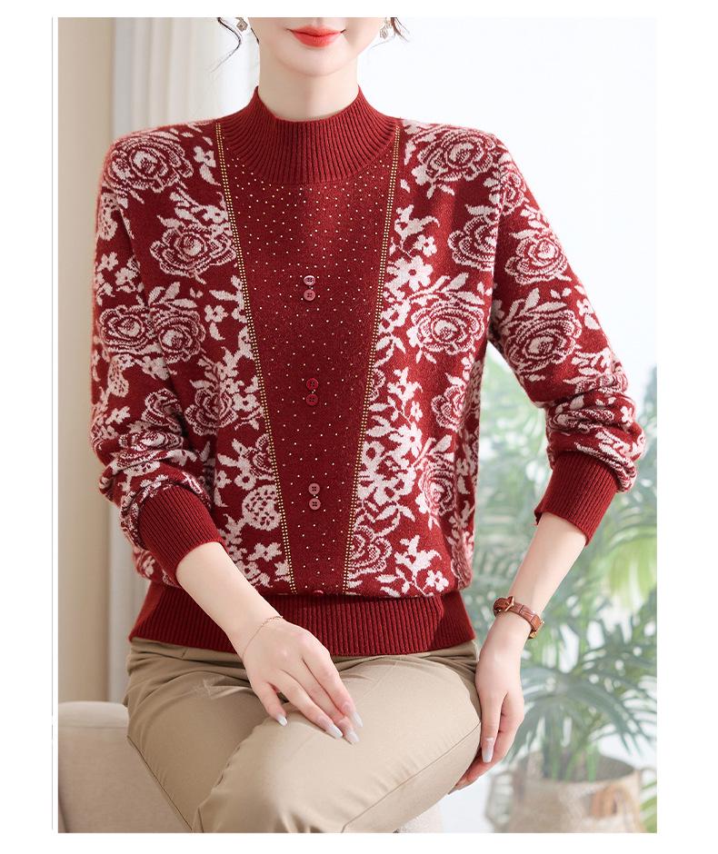 Elegant Knit Top for Middle-Aged & Elderly Women - Autumn/Winter Half-High Collar with Fleece Lining