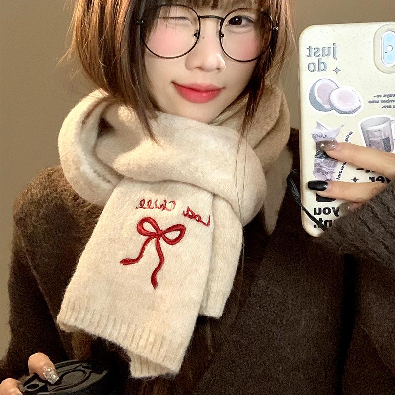 Scarf Women's New Autumn and Winter Japanese Cute Retro English Bow Warm Wool Knitted Scarf Tide