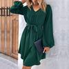 Women Spring Solid Color V Neck Long Sleeve Lace Up All Match Chic Dresses
