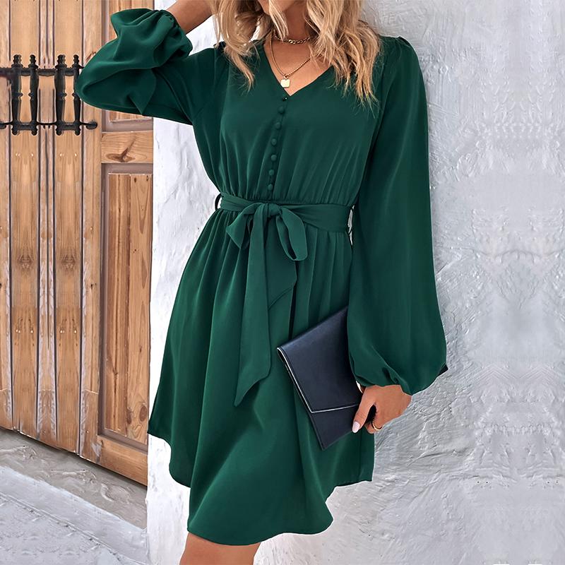 Women Spring Solid Color V Neck Long Sleeve Lace Up All Match Chic Dresses