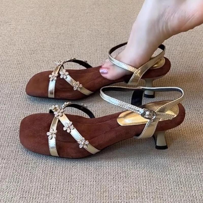 Fashion Summer Women High Heels Sandals Flower Crystal Square Toe Heeled Shoes Fashion 2025 New Designer Woman Slippers Luxury Pumps