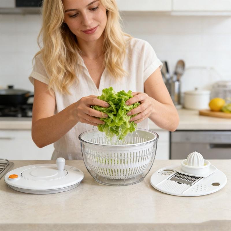 Transparent Vegetable Salad Spinner and Food Chopper with Efficient Drain Outlet for Clean Operation
