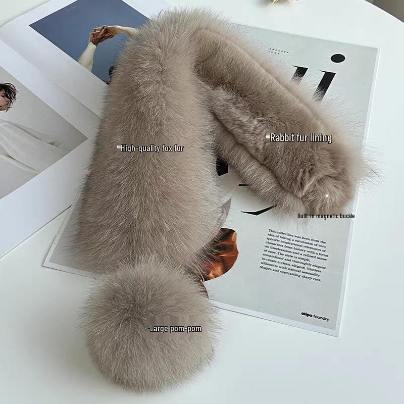 Damen Schal im Koreanischen Stil aus Echter Fuchsfell mit Großem Bommel und Magnetischem Verschluss - Beidseitig, Vielseitiger Nackenschutz für Herbst und Winter
