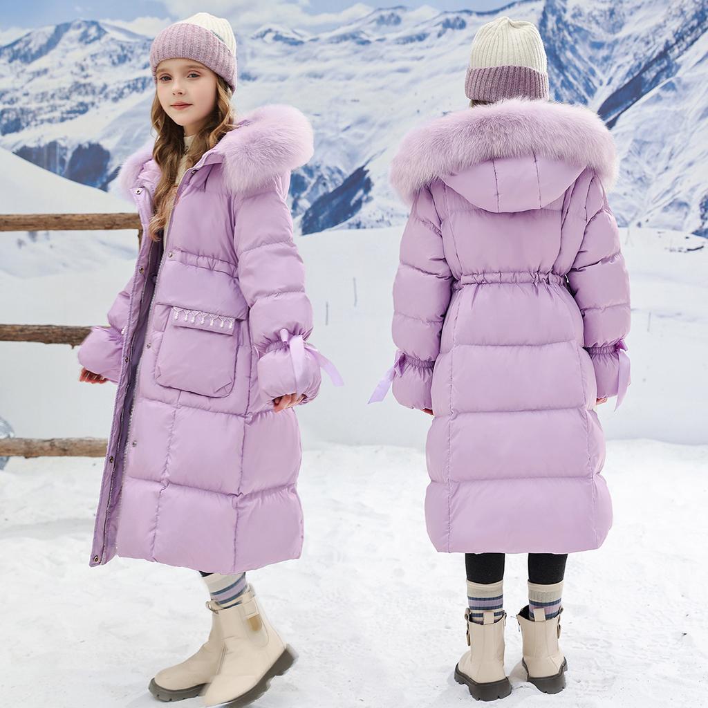 Mädchen Lange Daunen Gepolsterte Lange Pelzjacke Winter Kindermantel