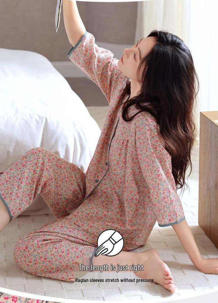 Women's Pajama Set with Chest Pads: Seven-Sleeve Cardigan & Nine-Point Pants for Spring, Autumn & Summer