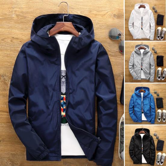 Men Coat Solid Color Long Sleeves Elastic Cuff Smooth Surface Streetwear Autumn Winter Hooded Windbreaker Jacket for Daily Wear