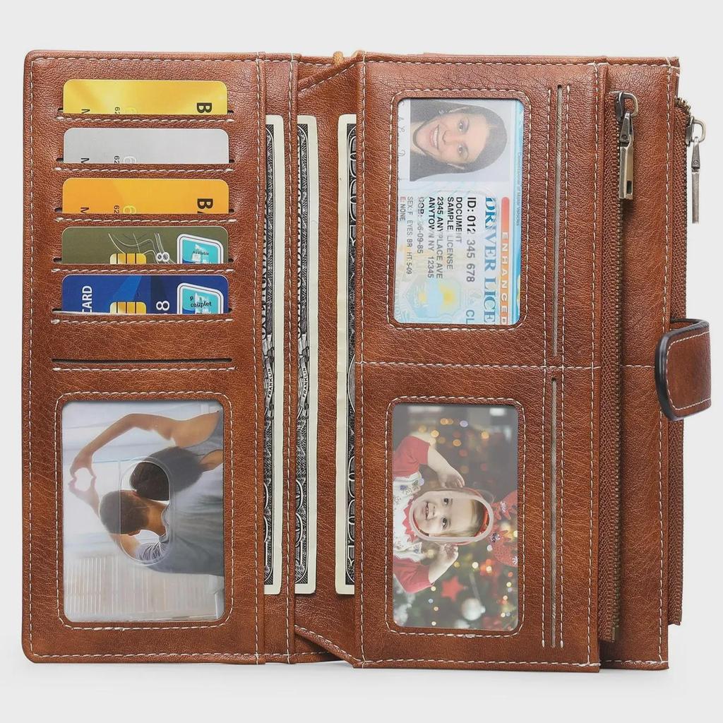 Women's RFID-Blocking Tri-Fold Retro Clutch Wallet