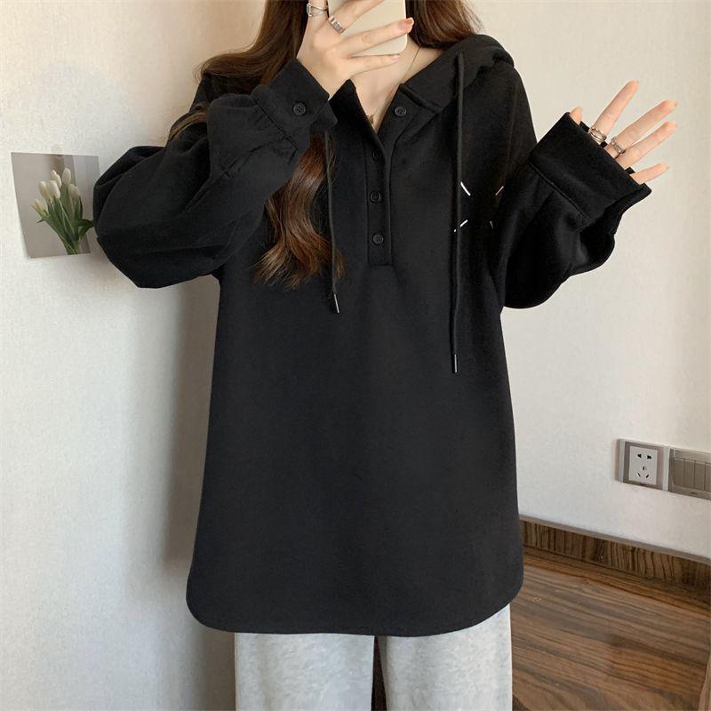 Women's Double-Sided Fleece Hooded Button-Up Loose Long-Sleeve T-Shirt, Slimming Trendy Top - Autumn/Winter 2025